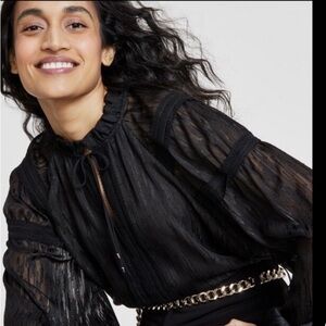 Tommy Hilfiger Sheer Ruffle / Split Neck Blouse Top Black Lace Sheer, Women’s S